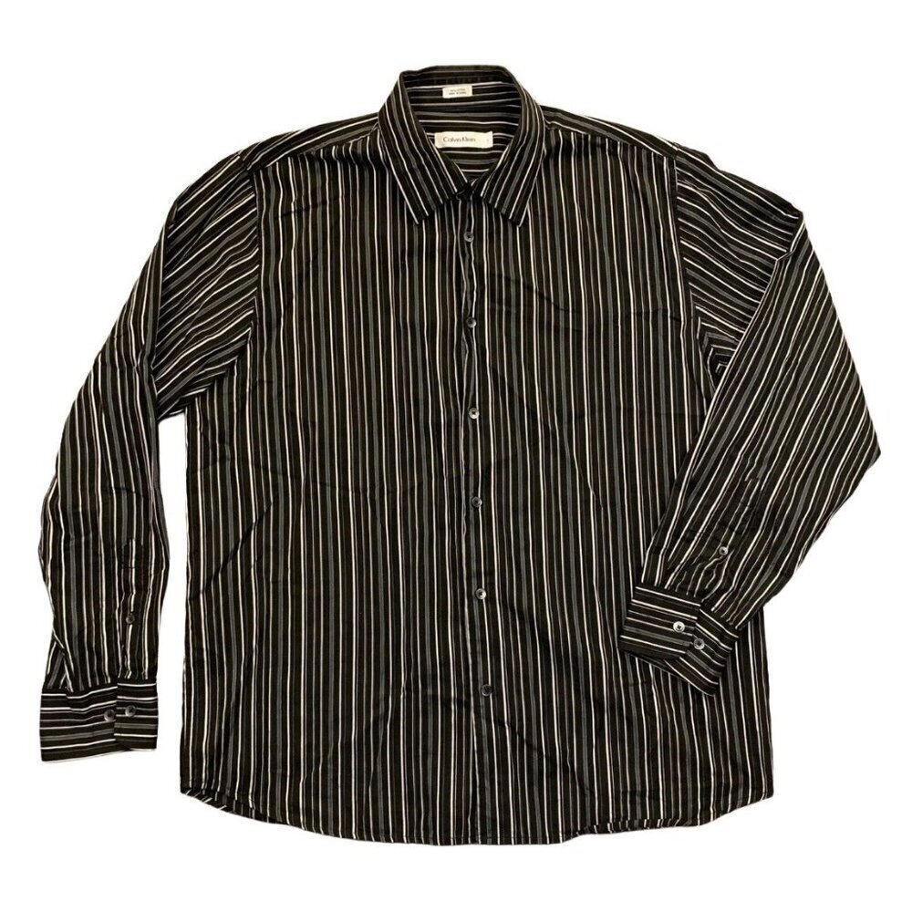 Calvin Klein Men's Button Up Shirt Size L Black Gray Striped Long Sleeves GUC